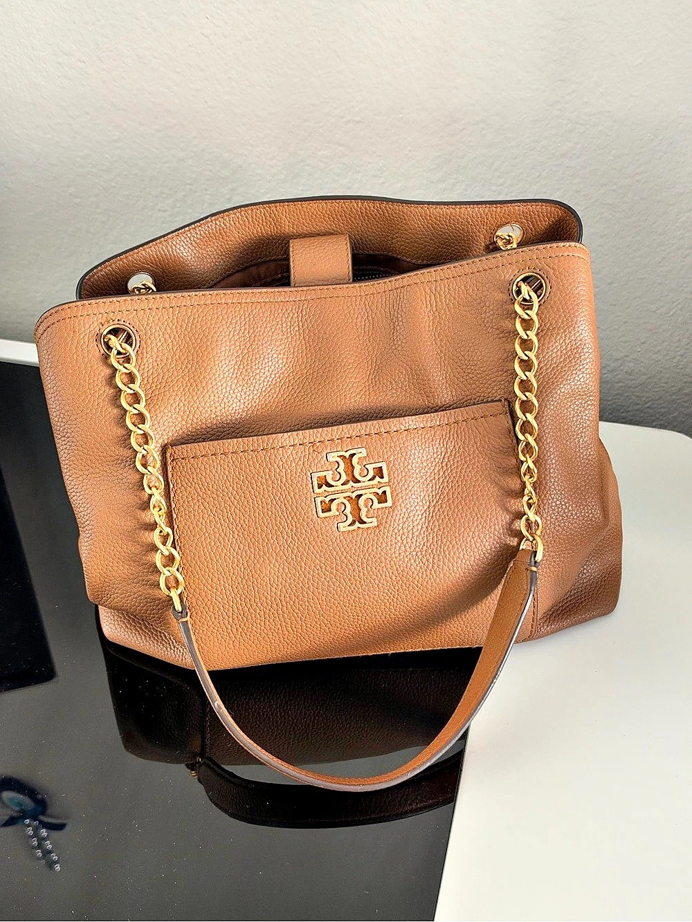 Tory Burch Britten Leather Chain Shoulder Bag Tote Brown Gold Hardware